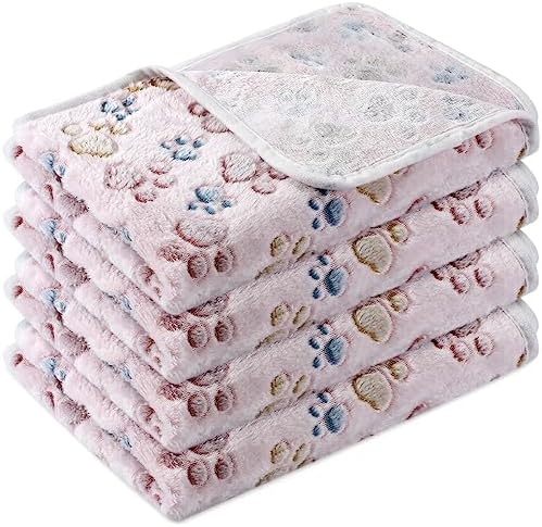 Tatuo 4 Pcs Fleece Dog Blanket for Puppy Cat, Beige, 41 x 30 in, Paw by Tatuo