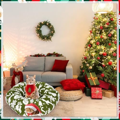 Cat Tunnel Christmas Tree Skirt 3 ft x 3 ft x 10 Inch Cat Bed Donut Cave Indoor Fluffy Circular with Mat and Ball Playground Toys for Festive Kitten Puppy Ferret Rabbit(Green,Elk) - Image 6