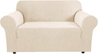H.VERSAILTEX Stretch Couch Cover Loveseat Covers for 2 Cushion Couch Sofa Cover for Love seat 1 Piece with Elastic Bottom, Textured Checked Jacquard Fabric(Loveseat 58"-70" Wide, Natural)