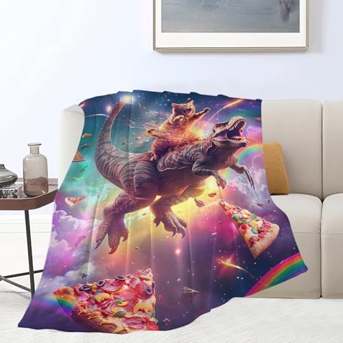 Funny Dinosaur and Cat Blanket Universe Rainbow Pizza Dino Cat Throw Blanket Gifts for Girls Women Kids Adults Super Soft Cozy Plush Fluffy Fuzzy Fleece Blanket Home Decor 50''X60'' - Image 5
