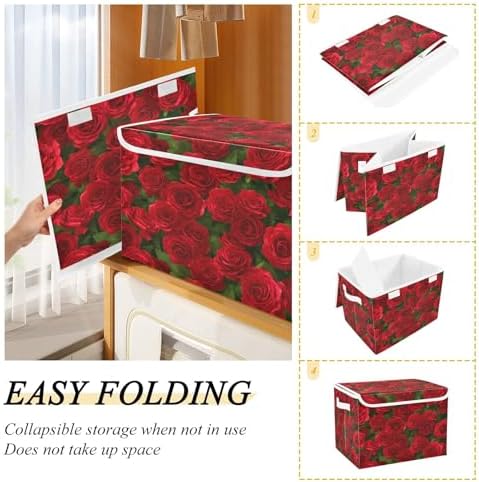 Bolaz Red Rose Leaves Pattern Storage Bins with Lids and Handles, Foldable Storage Box Storage Basket with Cover Collapsible Organizer Containers for Home Closet, Shelves - Image 4