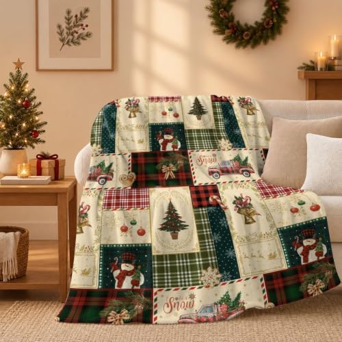 Neasow Vintage Christmas Throw Blanket, Retro Patchwork Grid Design Soft Fuzzy Cozy Flannel Blanket Gift for Family and Friends Home Sofa Couch Chair Decorative 50x60 Inch - Image 3