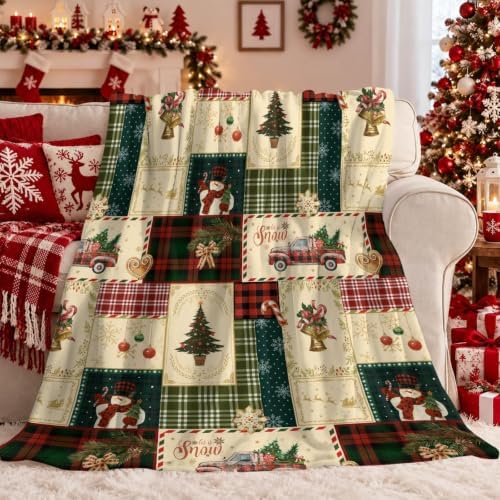 Neasow Vintage Christmas Throw Blanket, Retro Patchwork Grid Design Soft Fuzzy Cozy Flannel Blanket Gift for Family and Friends Home Sofa Couch Chair Decorative 50x60 Inch - Image 4