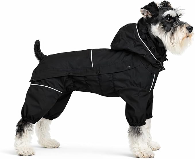 LOVELONGLONG Waterproof Dog Raincoat with Removable Hood – Outdoor Full Body Dog Jacket, Windproof Snowproof Shell Suit – All Season Pet Rain Gear Black S+