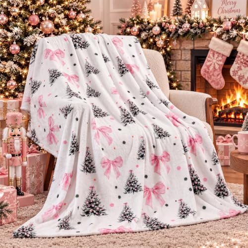 FuWeave Pink Bow Christmas Throw Blanket 50 x 60 Inches Xmas Tree Blanket by FuWeave