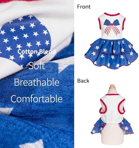 Fitwarm Patriotic Bowknot Tiered Ruffle Dog Dress, 4th of July Clothes for Small Dogs Girl, Pet Outfit, Royal Blue, Red, White, XS - Image 3