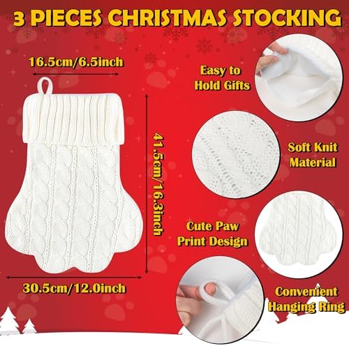 WATINC Pet Paw Christmas Stockings - 3 Pack Large Paw Shape Stocking with Tassel, Pet Dog Cat Knit White Christmas Hanging Socks for Xmas Eve Party Holiday Fireplace Tree Gift Decoration - Image 3