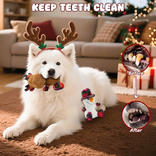 Christmas Dog Toys 2 Pack Snowman Reindeer Plush Squeaky for Small Dogs - Image 3
