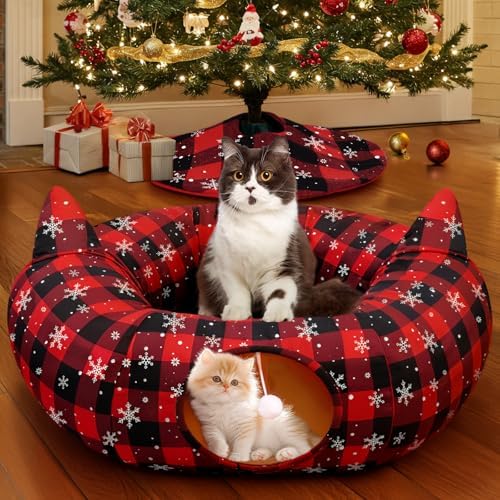 OurWarm Cat Tunnel Christmas Tree Skirt, Cat Bed for Indoor Cats with Hanging Ball, Buffalo Plaid Tree Collar Cats Cave for Felines Pet Indoor Outdoor Christmas Decorations - Image 3