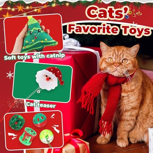 Shappy 1 Set 10 Pcs Christmas Cat Stocking Toys with Cat Sticks Shaped Santa, Xmas Tree, Yarn Balls, Toy Mouse, Paw Shaped Xmas Stocking Pet Set, Interactive Pet Gifts - Image 3