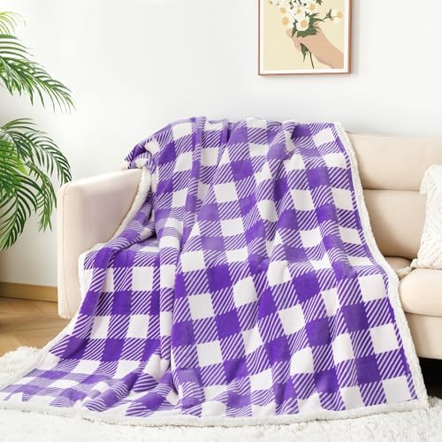 Touchat Sherpa Plaid Twin Blanket 60" X 70", Fuzzy Fluffy Soft Cozy Throw Blanket, Twin Size Plush Fleece Flannel Plush Microfiber Blanket for Couch Bed Sofa (PurpleWhite) - Image 7