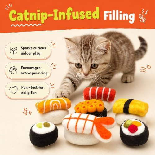 Glaciart One Wool Sushi Cat Toy Set with Catnip, 7 Pcs Cute Felt Cat Toys for Interaction and Boredom Relief, Encourages Exercise, Exploring and Play - Image 3