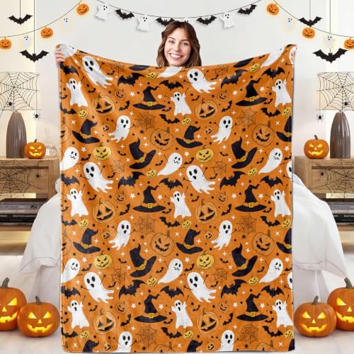 Orange Halloween Blanket, Spooky Pumpkin Ghosts Fleece Throw Blanket for Kids, Fall Halloween Decorations Gifts for Kids Women Birthday, 40x60 Inches by IMUKU