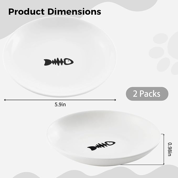2 Ceramic Cat Bowls, 5.9 Inch Wide Shallow Feeding Dishes for Dry/Wet Food | Reduces whisker contact; lead-free; holds water too; dishwasher safe; stable heavy design; fits cats and small dogs