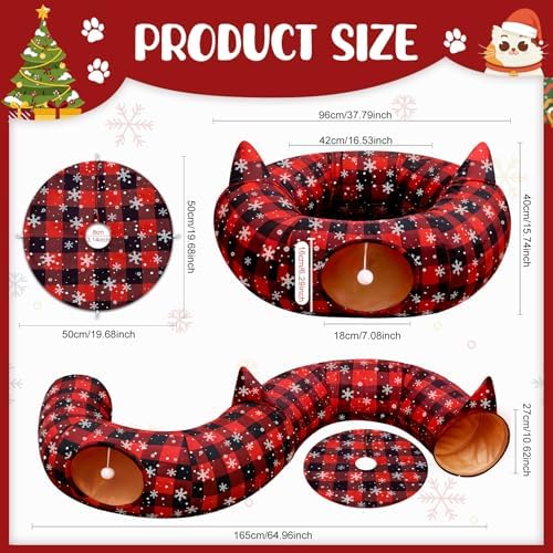 3-in-1 Red Black Buffalo Plaid Cat Tunnel Christmas Tree Skirt for Cat Play - Image 2