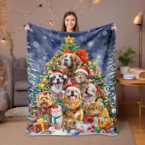 Neasow Christmas Throw Blanket, Cats and Dogs Pets Christmas Tree and Snowflake Design Soft Fuzzy Cozy Flannel Blanket Gift for Family and Friends Home Sofa Couch Chair Decorative 50x60 Inch - Image 2