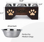 Raised Dog Bowls for Medium Sized Dogs – Wooden Elevated Dog Feeder Stand with 2 Stainless Steel Bowls + Chew Treat (14” x 7” x 6”)