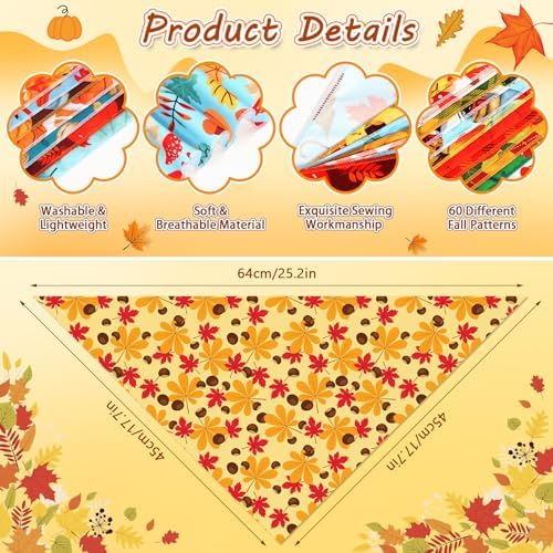 60 Pcs Fall Thanksgiving Dog Bandanas Bulk Adjustable Dog Scarves Pumpkin Turkey Puppy Bandanas Autumn Pet Neckerchief Washable Holiday Bandana for Small Medium Large Dog Pet Grooming Accessories - Image 3
