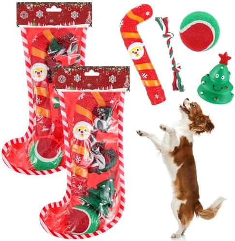 Shappy 2 Sets 8 Pcs Christmas Dog Stocking Toys with Squeaky Dog Toys, Santa Cane, Tennis Ball, Xmas Tree, Rope, Bone, Xmas Stocking Pet Set, Interactive Pet Gifts by Shappy