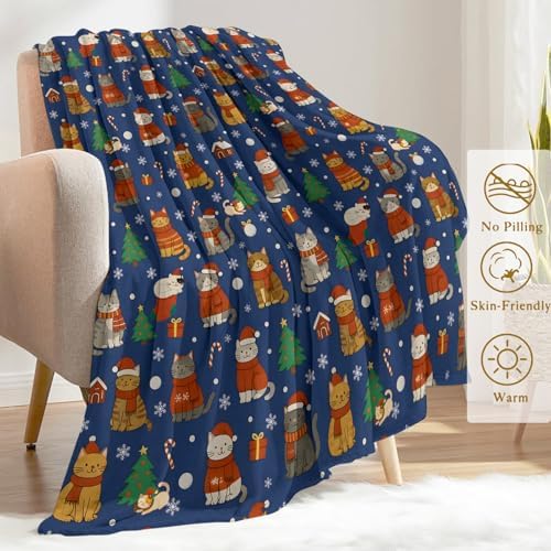 Cat Christmas Decorative Throw Blanket, Snowflake Candy Cane Print Decoration, Flannel Winter Blankets for Couch Bed Sofa, Holiday Home Decor, Xmas Festival Gifts for Kitten Lovers 60x80 in - Image 3