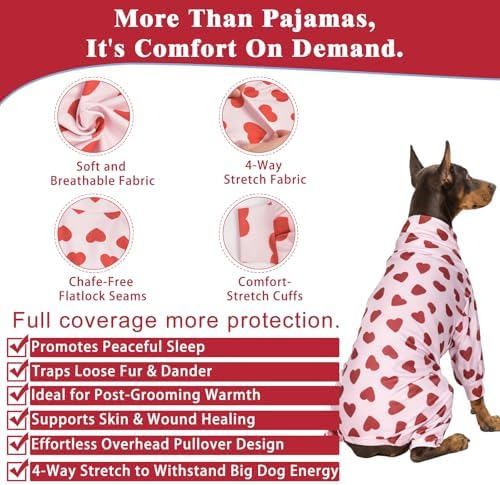 Dog Pajamas Lightweight Dog Onesies Soft Stretchy Tiny Outfit Clothes for Small Medium Large Puppy Pjs Clothes Doggie Cat Pet Boys Girls Outfit (Medium (10-20lb), Red Heart) - Image 3