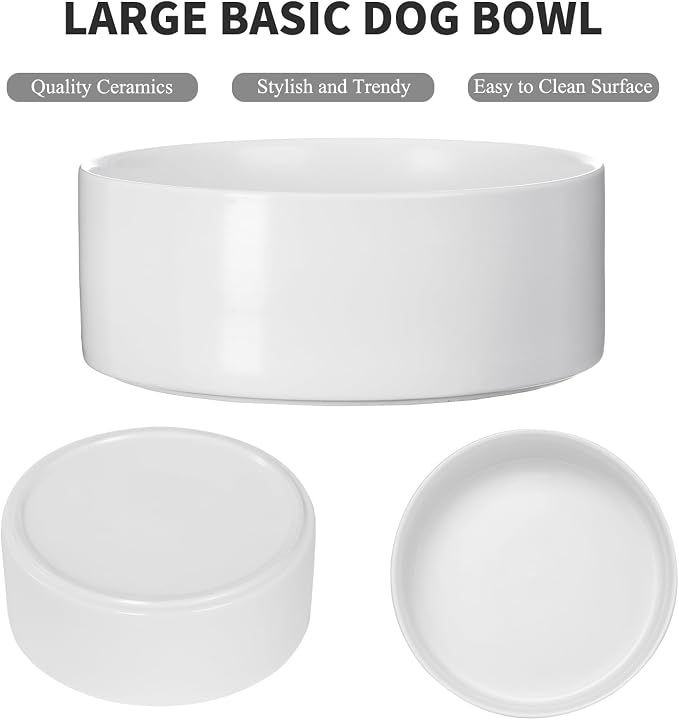 8'' Ceramic Raised Dog Bowl - 70Oz Dog Food & Water Bowl with Elevated Non-Slip Bamboo Stand, Dishwasher & Microwave Safe, Anti Vomiting Heavy Duty Pet Bowl for Medium and Large Dogs, White