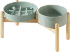 Havniva Elevated Slow Feeder Dog Bowls, Ceramic Dog Bowl Slow Feeder Set | 1.2 Cups Raised Slow Feeding Bowl for Small Breed, 6.1” Dog Water Bowl with Wooden Stand, Puzzle Dog Slow Feeder, Non-slip