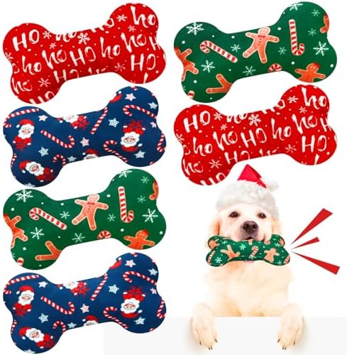 6 Pack Christmas Dog Squeaky Bone Toys Plush Interactive Dog Pets Birthday Bone Shape Stuffed Chew Toys for Puppy Small Medium Large Squeak Toss Play by Vertintong
