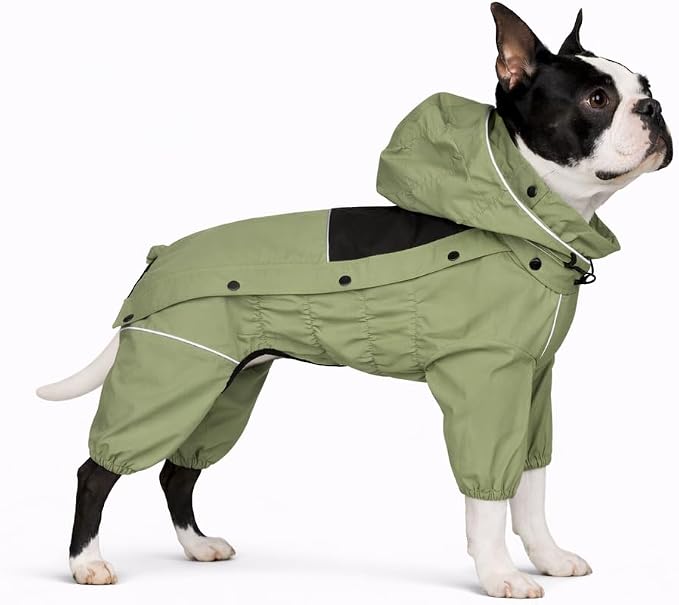 LOVELONGLONG Fleece-Lined Dog Raincoat with Removable Hood – Waterproof Winter Full Body Dog Jacket – Windproof Snowproof Cold-Weather Suit – Green-F M