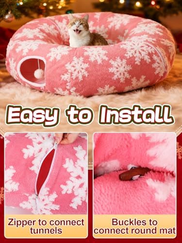 Cat Tunnel Christmas Tree Skirt for 5-7.5ft Trees - Prevent Christmas Tree Falling, Snowflake Patterns Warm Soft Cat Tube Bed with Anti-Slip Mat - Image 6