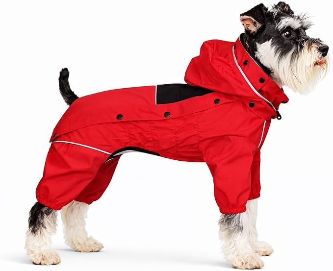 LOVELONGLONG Waterproof Dog Raincoat with Removable Hood – Outdoor Full Body Dog Jacket, Windproof Snowproof Shell Suit – All Season Pet Rain Gear Red S