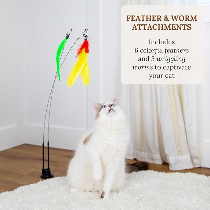 Cat Toys for Indoor Cats, Interactive Cat Toy Wand, Kitten Stuff, 9 Lures | 3 Play Modes! Set The No-topple Base On A Couch, Attach The Dual Suction Base, Or Use The Handheld Fishing Pole Wand.