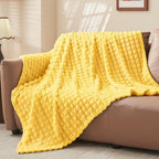 BEDELITE 3D Checked Light Yellow Fleece Throw Blanket for Couch, 50x70 Inch - Image 5