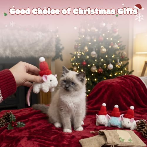 2 Pcs Xmas Catnip Mouse Toys for Cats, Cute Plush Rat Wearing Knit Hat, Built-in Bell & Catnip, Funny Holiday Chew Gift for Indoor Kitty - Image 3