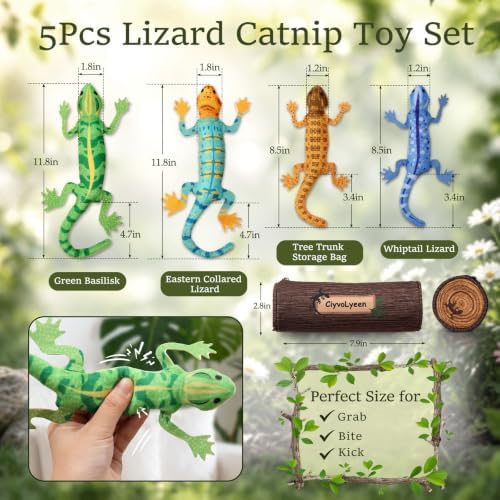 CiyvoLyeen Plush Lizard Catnip Toys with Tree Trunk-shaped Pouch 5 Pack - Image 2