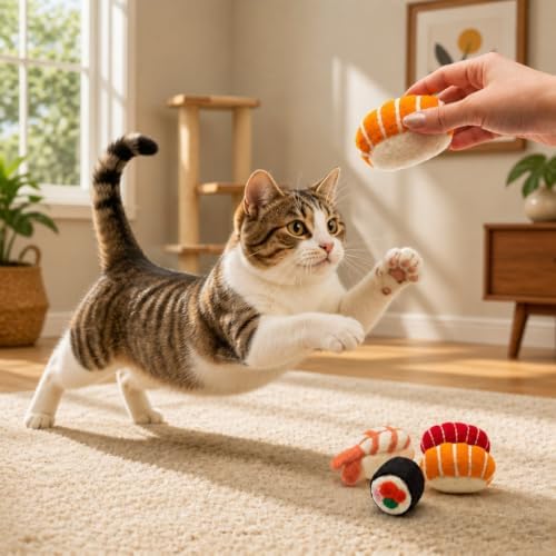 Glaciart One Wool Sushi Cat Toy Set with Catnip, 4 Pcs Cute Felt Cat Toys for Interaction and Boredom Relief, Encourages Exercise, Exploring and Play - Image 6