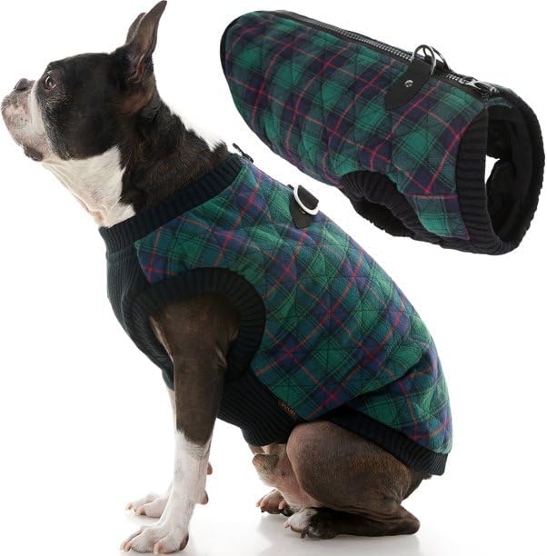 Gooby Fashion Vest Check Dog Jacket - Green Check, Large - Warm Zip Up Bomber Vest with Dual D Ring Leash - Winter Water Resistant Small Dog Sweater