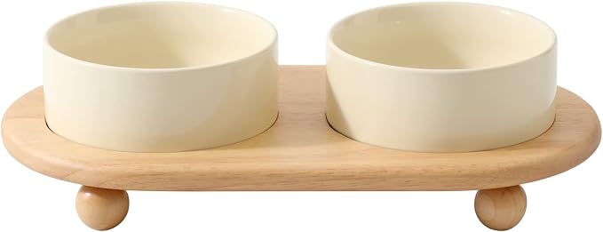 Havniva Raised Cat Bowl 5.1” Elevated Ceramic Cat Food and Water Bowl Set | Cat Bowls Elevated, Whisker Friendly Cat Bowl, Non-Slip Wood Stand, Food-Grade Ceramic, Wide Opening, Dishwasher Safe