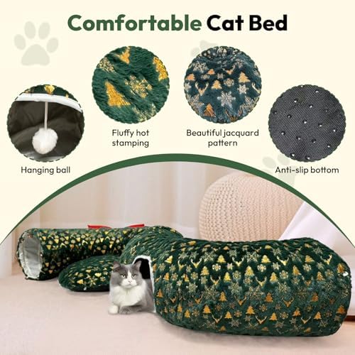 CHUN. F Comfort Green Cat Bed for Christmas Tree – Christmas Themed Cat Tube for Holiday Season –A Big Red Bow - Ultra-Soft Plush Velvet Cute Cat Bed - Image 3