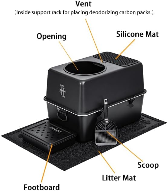 304 Stainless Steel Cat Litter Box, Fully Enclosed Leak-Proof & Rust-Proof Top-Entry XL Litter Box with Metal Scoop, Litter Mat, Side Clamps & Handles for Large Cats (Black, XX-Large)