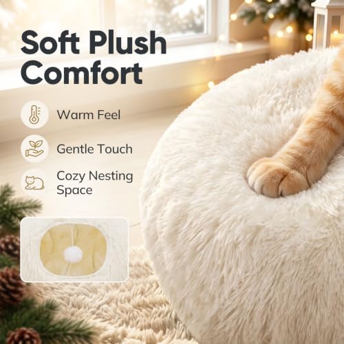 Supet Christmas Cat Tunnel Bed, Plush Tree Skirt with Cushion & Hanging Toy - Image 4