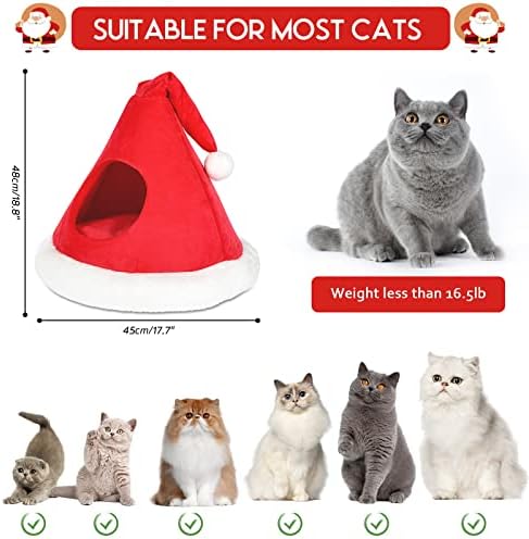 NIBESSER Cat Bed Christmas Hat Cat Tent House Self-Warming 2 in 1 Removable Comfortable Triangle Pet Teepee Xmas Dog Cave in Winter (Red) - Image 3