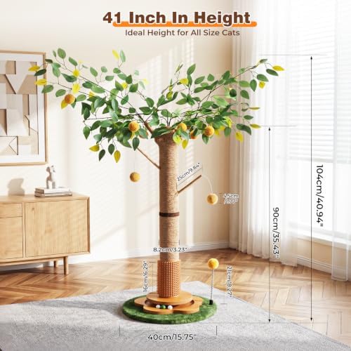 41" Tall Cat Scratching Post for Large Cats - XL Sturdy Cat Scratching Post with Solid Wood Base, Sisal Rope Scratching Posts for Indoor Cats Adults with Self-Grooming Brush, 4 Detachable Hanging Toys - Image 2