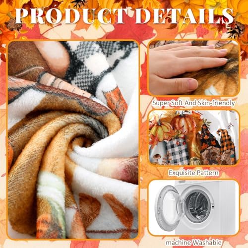Breling Fall Pumpkin Gnome Flannel Throw Blanket 60"x50" Cozy Couch - Image 3