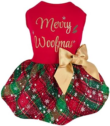 Fitwarm Merry Woofmas 100% Cotton Dog Christmas Outfits Girl Dog Holiday Dress Lightweight Doggie Costume Puppy Clothes Pet Apparel with Bowknot Cat Clothing Red Large by Fitwarm