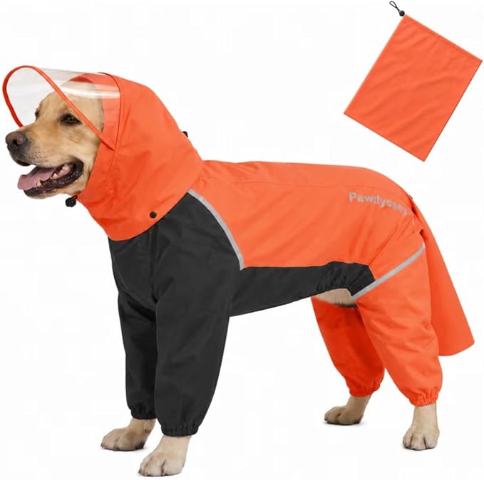 Full-Body Dog Raincoat with Detachable Hood, Waterproof Reflective Dog Rain Jacket with Tail Cover, Adjustable Fit and Leash Portal for Rainy Walks, Orange, X-Large