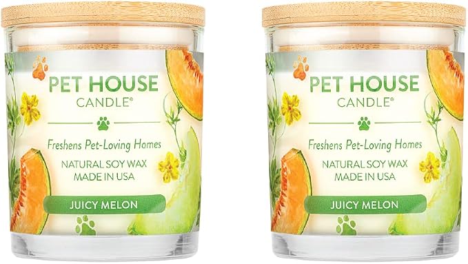 Pet House Candles, Natural Plant-Based, Long Lasting Candles for Pet Odor, 60 Hour Burn Time - Juicy Melon, 9 oz, 2 Pack