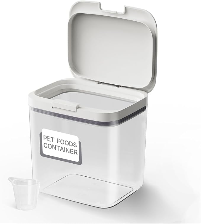 5-10 lb Airtight Dog Food Storage Container, White | Large airtight bin with pop-lock lid and clear body; stores 5-10 lb of dry dog food, cat treats, rice, or flour.