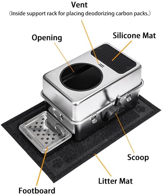 304 Stainless Steel Cat Litter Box, Fully Enclosed Leak-Proof & Rust-Proof Top-Entry XL Litter Box with Metal Scoop, Litter Mat, Side Clamps & Handles for Large Cats (Pure, X-Large)