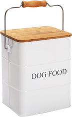 Dog Food storage container Dog Treats Jar,5~6 lb Metal food treats tin for Dog, pet snacks Canisters with wooden lid/handle/sevice scoop-White